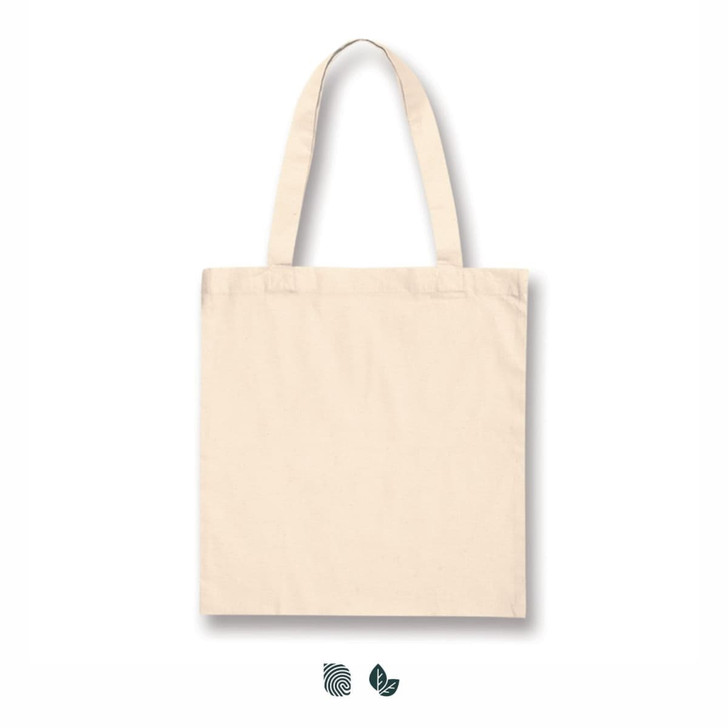 A plain beige cotton tote bag with two handles and a logo. The bag is rectangular in shape.