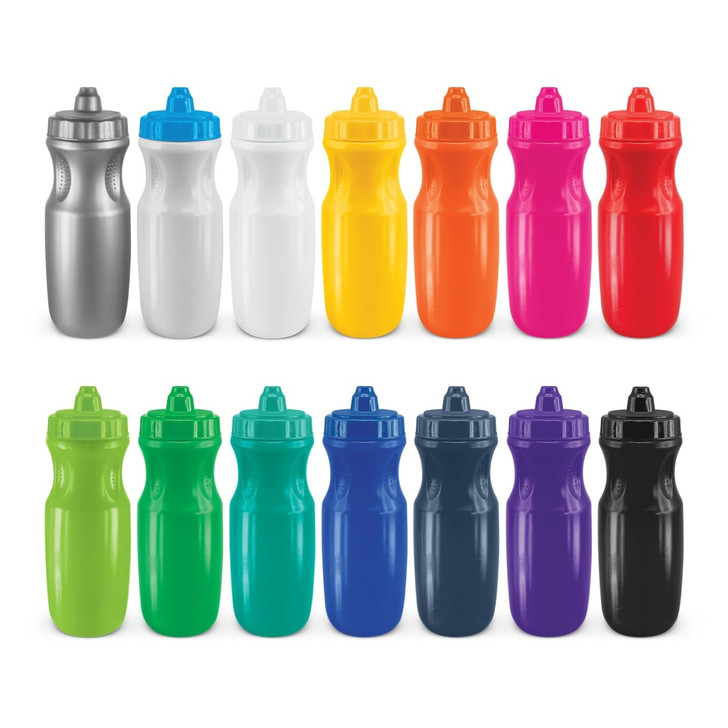 A range of drink bottles in silver, white, yellow, orange, pink, green, teal, blue, and navy, with various caps and a logo.