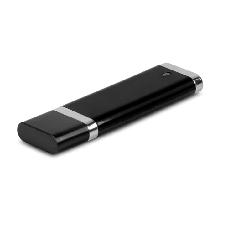 A black Quadra 4GB flash drive with silver accents, featuring a sleek, rectangular design and a small LED indicator.