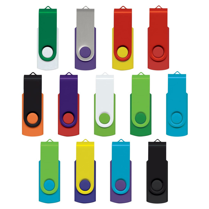 A collection of Helix 4GB Mix & Match Flash Drives in various colours, featuring a rotating design and a logo.