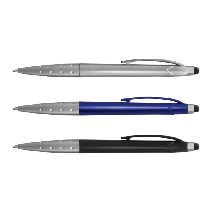 Three metallic stylus pens in silver, blue, and black, with a logo on each pen. They feature a sleek design and a soft tip.