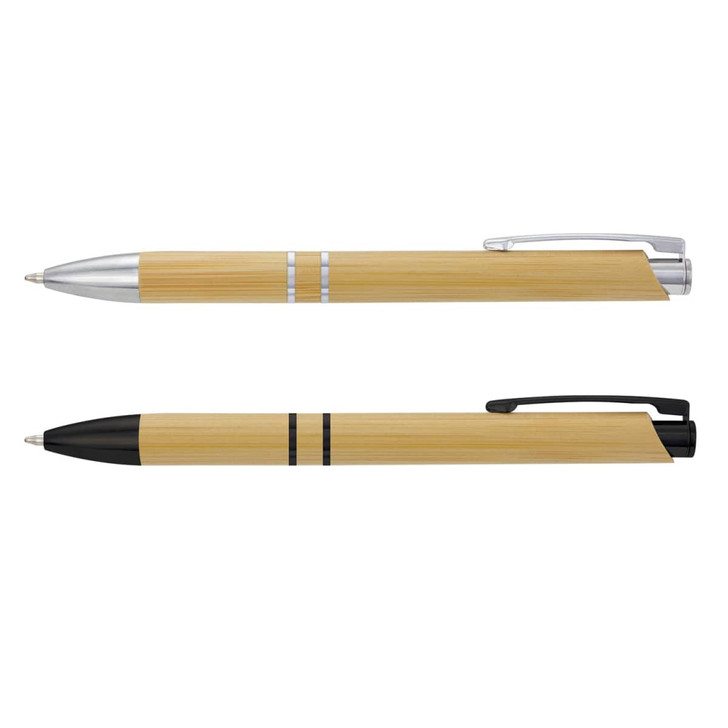 Two bamboo pens, one with a silver trim and the other with a black trim, both featuring a logo.