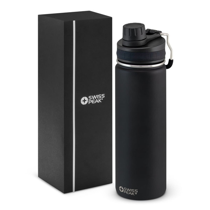 A drink bottle in matte black with a silver lid, packaged in a sleek black box featuring a logo.