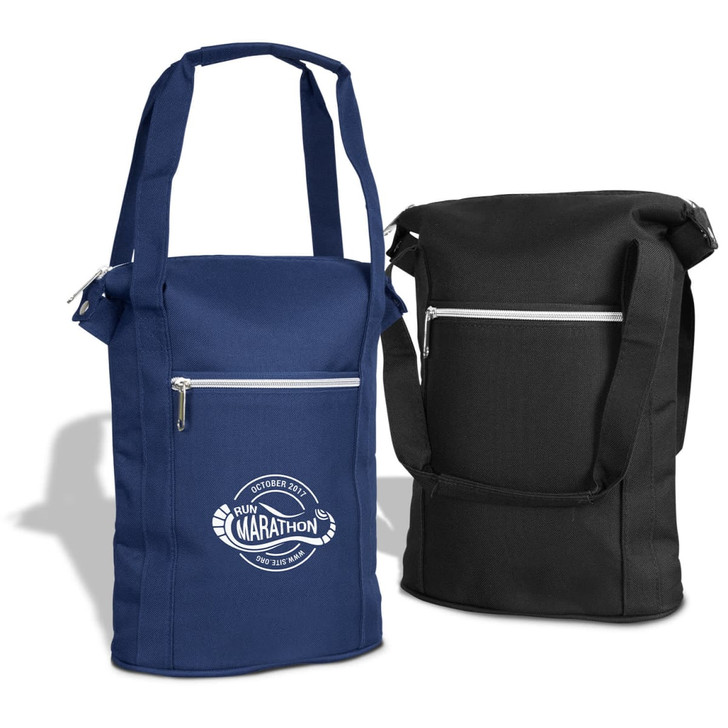 A drink bottle cooler bag in navy blue and black, featuring a front zip pocket and a logo.