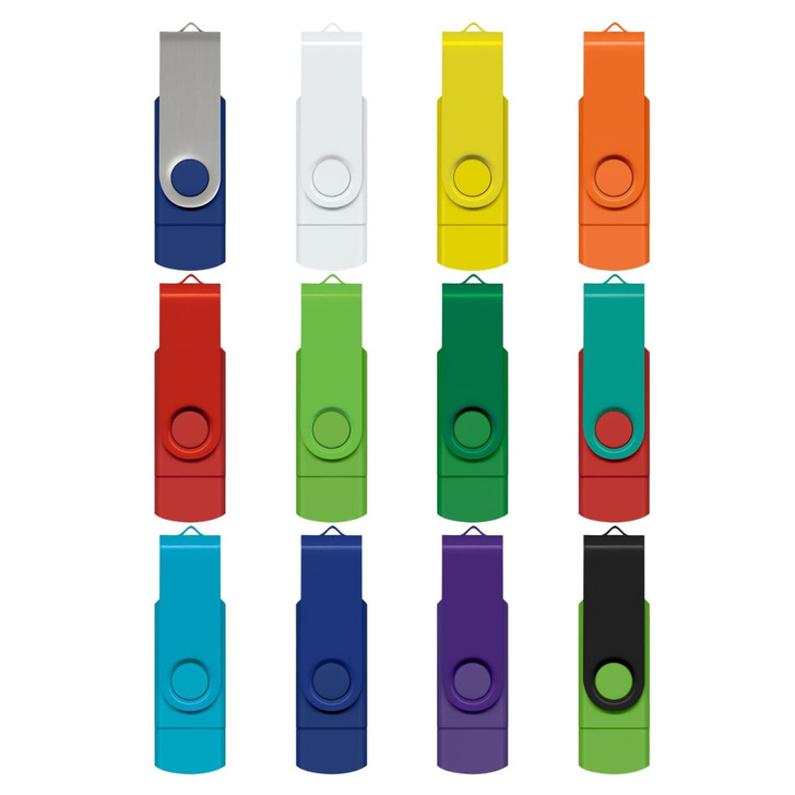 A collection of Helix 8GB dual flash drives in various colours, including blue, green, red, yellow, and black, arranged in grids.