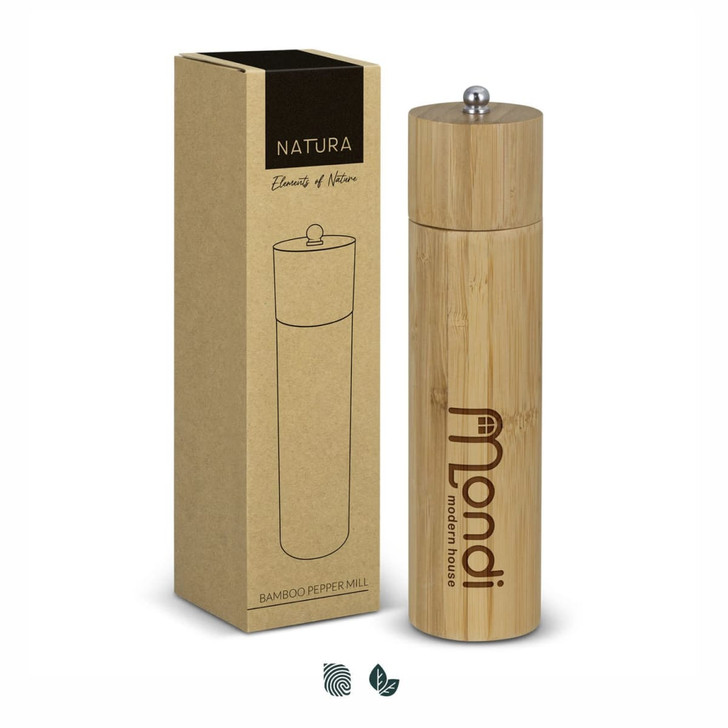 A bamboo pepper mill in a cylindrical shape, accompanied by a kraft paper box, featuring a logo.