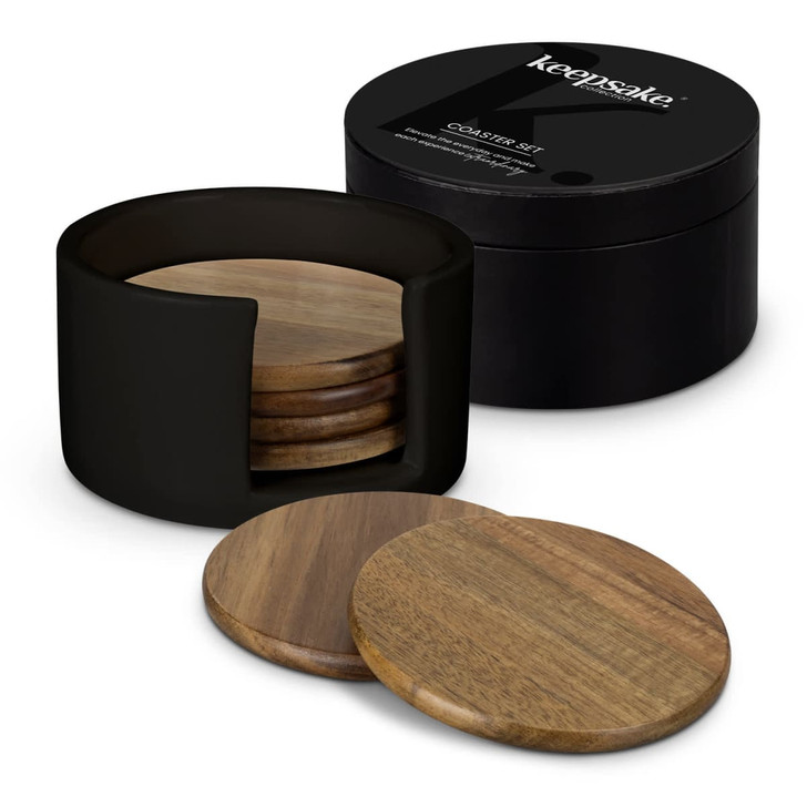 A round coaster set in various shades of brown, housed in a black circular box with a logo.