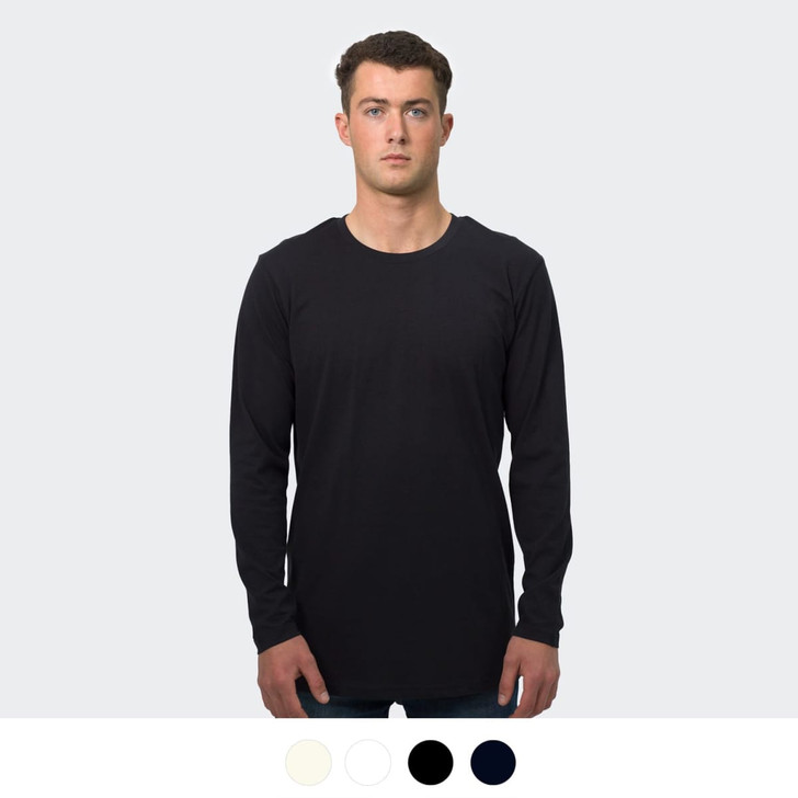 Long sleeve men's crew shirt in black, featuring a simple design and a logo. Available in other colours: white and navy.