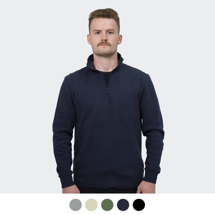 A navy quarter zip jumper featuring long sleeves, a collar, and a logo. Available in multiple colours.