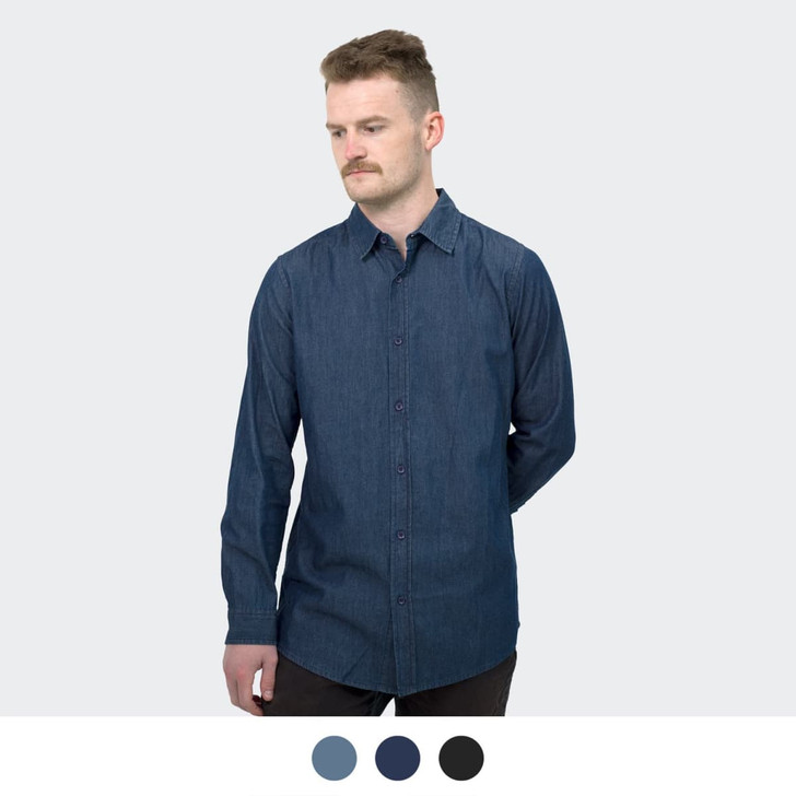 A men's denim button-up shirt in a deep blue shade, featuring long sleeves and a logo.