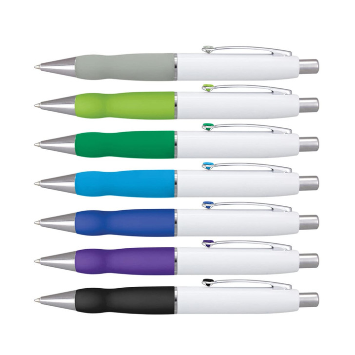A set of metal pens with white barrels and coloured grips in grey, green, blue, turquoise, purple, and black.