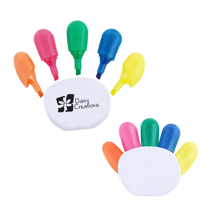 A hand-shaped highlighter set featuring pink, blue, green, yellow, and orange highlighters with a branding logo.
