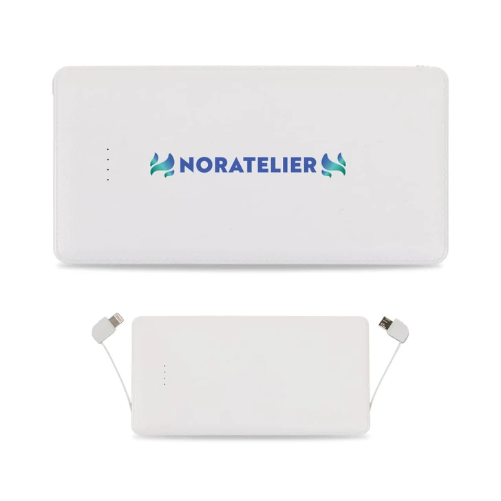 A white power bank featuring integrated charging cables and a logo on the surface.