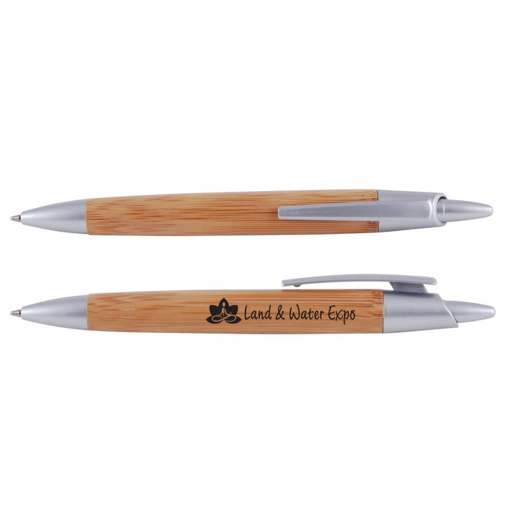 A bamboo pen with silver accents, featuring a branding logo on one side.