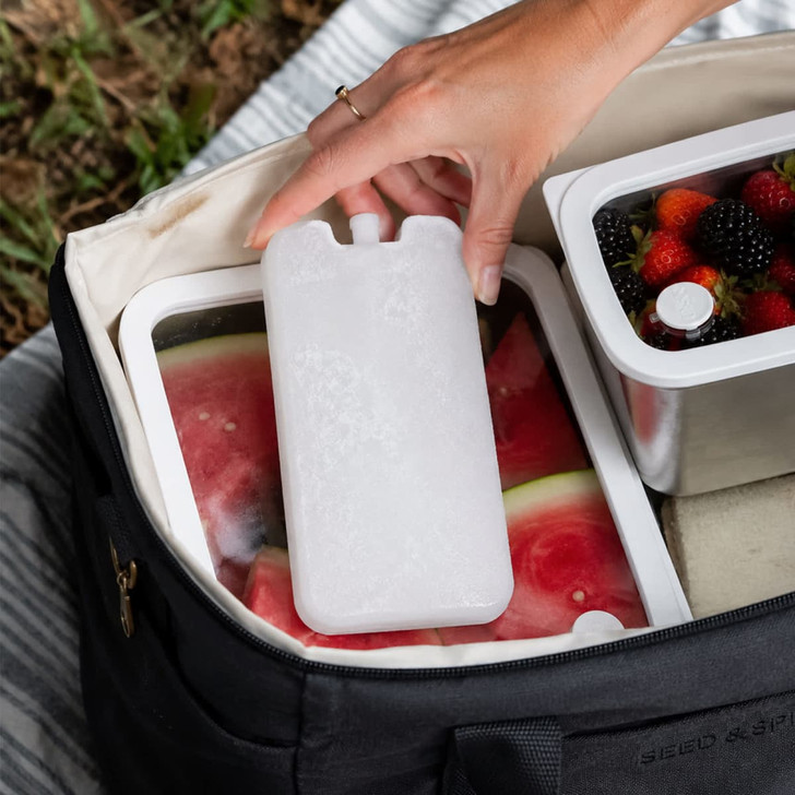 A drink bottle-shaped cooler brick and containers with watermelons and mixed berries inside a black cooler bag.
