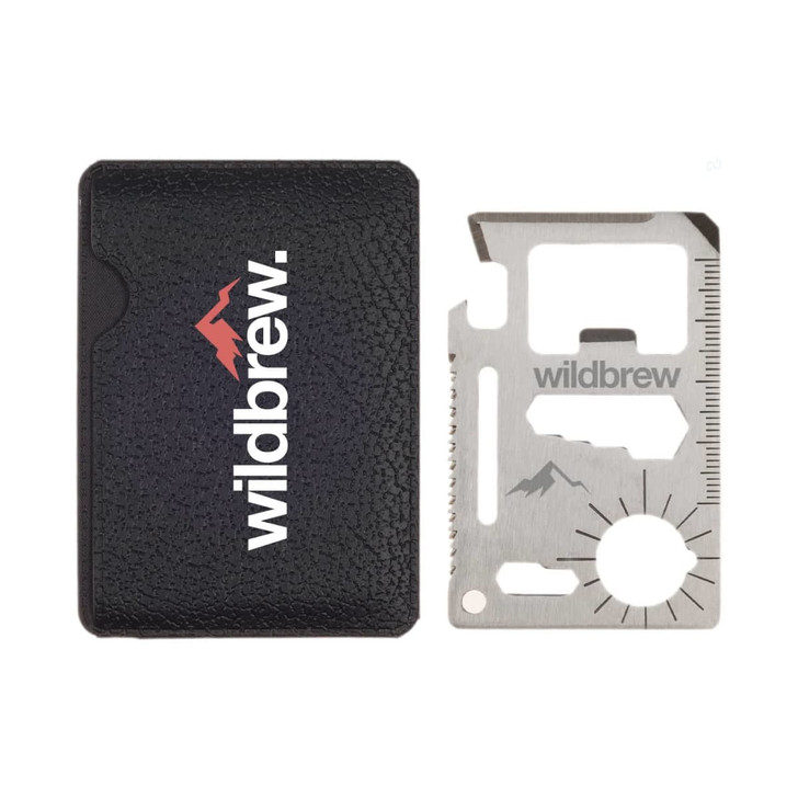 A Bionic Multi Tool with a stainless steel finish placed next to a black pouch, featuring a logo.