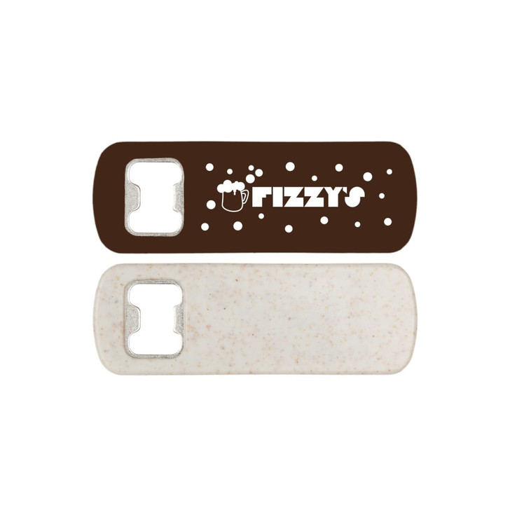 A drink bottle opener with a brown and cream design, featuring a logo and a metal opening mechanism.
