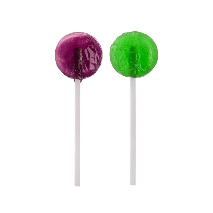Two lollipops on white sticks, one purple and one green, against a plain background.