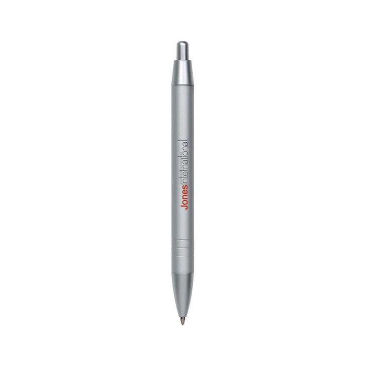 A silver metal pen with a sleek design and a visible logo.