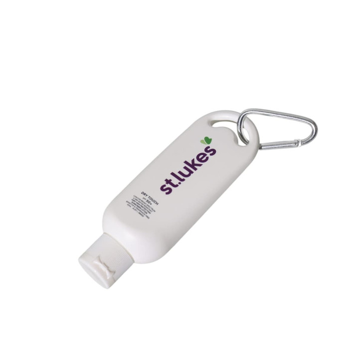 A white 50mL sunscreen bottle with a carabiner attached, featuring a logo on the front.