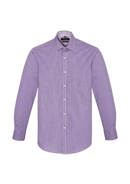 A long sleeve button-up shirt in a purple and white check pattern, featuring a pocket and a logo.