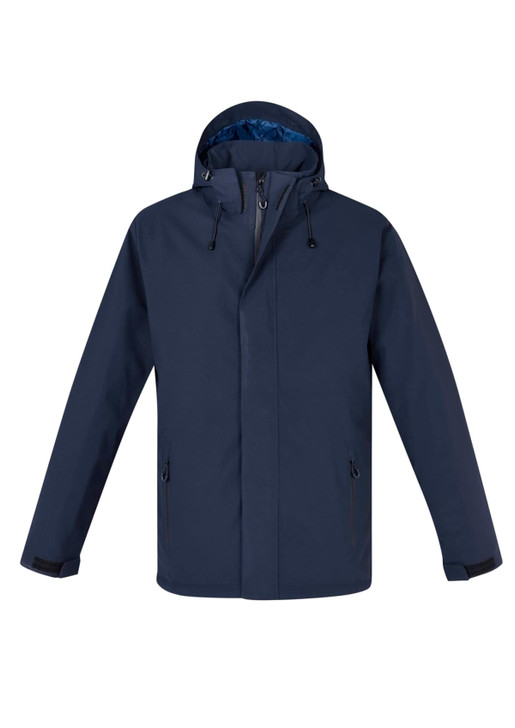 A navy rain jacket with a hood, featuring side pockets and a partial zip. It includes an inner layer in a contrasting colour.