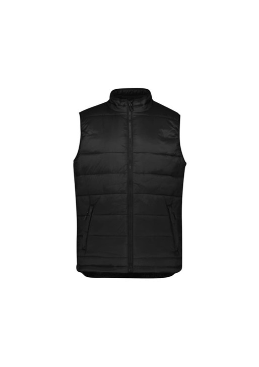 A black men's alpine vest with a zip front and two side pockets, featuring a logo.