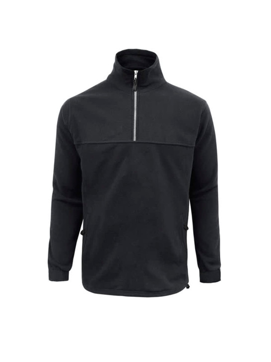 A men's heavyweight fleece jumper in black, featuring a zippered neck and side pockets. It has a logo on the front.