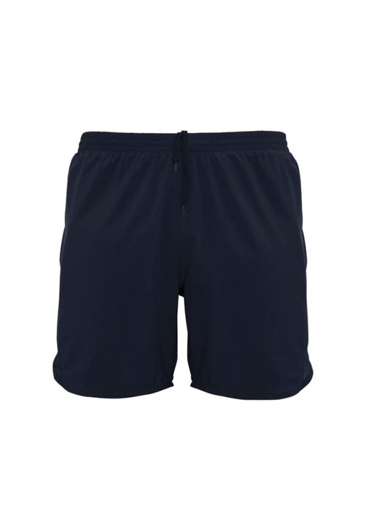 Navy blue sports shorts featuring an elastic waistband and a logo. Ideal for activewear and comfortable movement.
