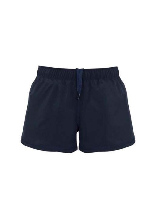 A pair of dark navy women's sports shorts with an elastic waistband and drawstring detail. Features a logo.