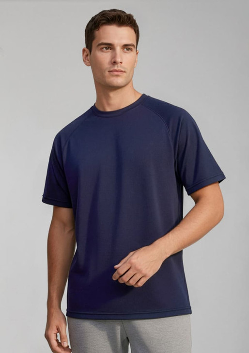 A navy blue men's short sleeve tee with a simple design, featuring a logo.