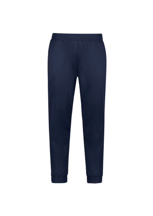 Navy track pants with a tapered fit and elastic waistband, featuring a logo on the design.