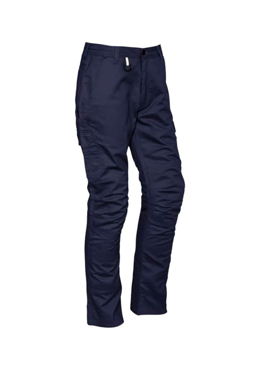 Navy rugged cargo pants with multiple pockets, featuring a logo on the waistband. Ideal for outdoor activities.