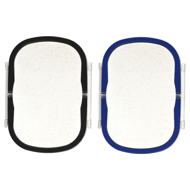 Two plastic and wheat straw lunch boxes, one with a black rim and the other with a blue rim, featuring a white interior.