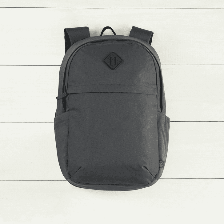 A dark grey backpack made of recycled material, featuring a front pocket and side compartments, with a logo.