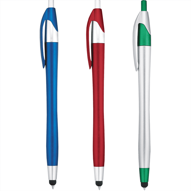 A group of three stylus pens in blue, red, and silver with a green accent, each featuring a logo.