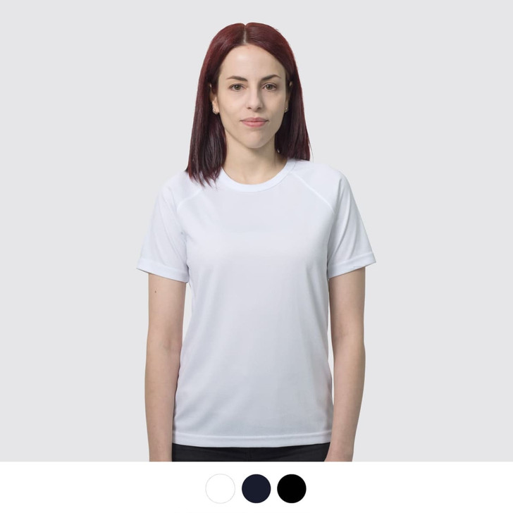 A white women's sports T-shirt with a round neck, featuring a logo, displayed on a model against a light background.