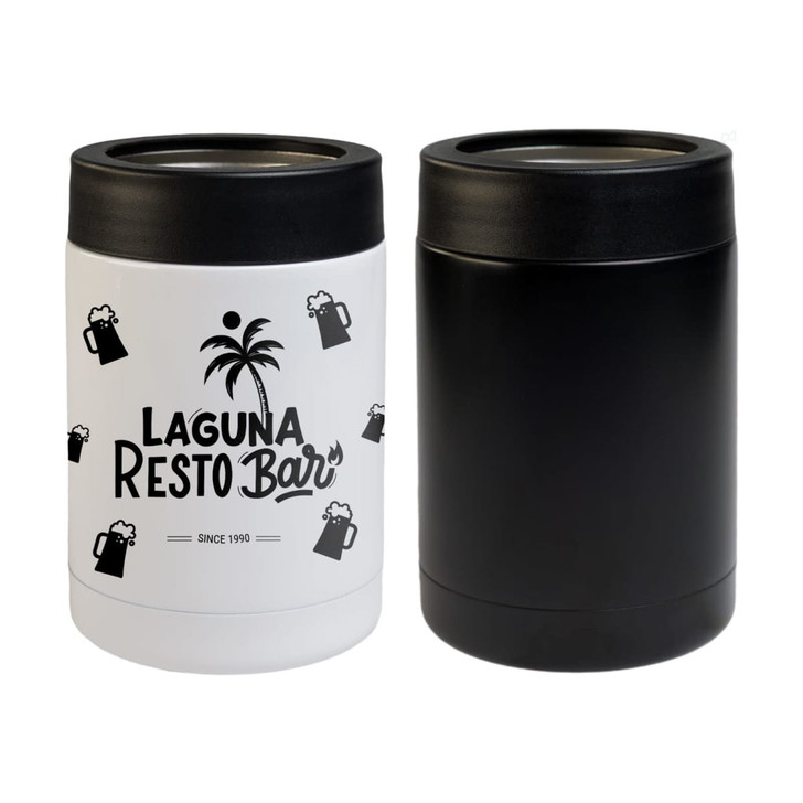 A drink bottle cooler in black and white, featuring a logo on the white side and a sleek black design.