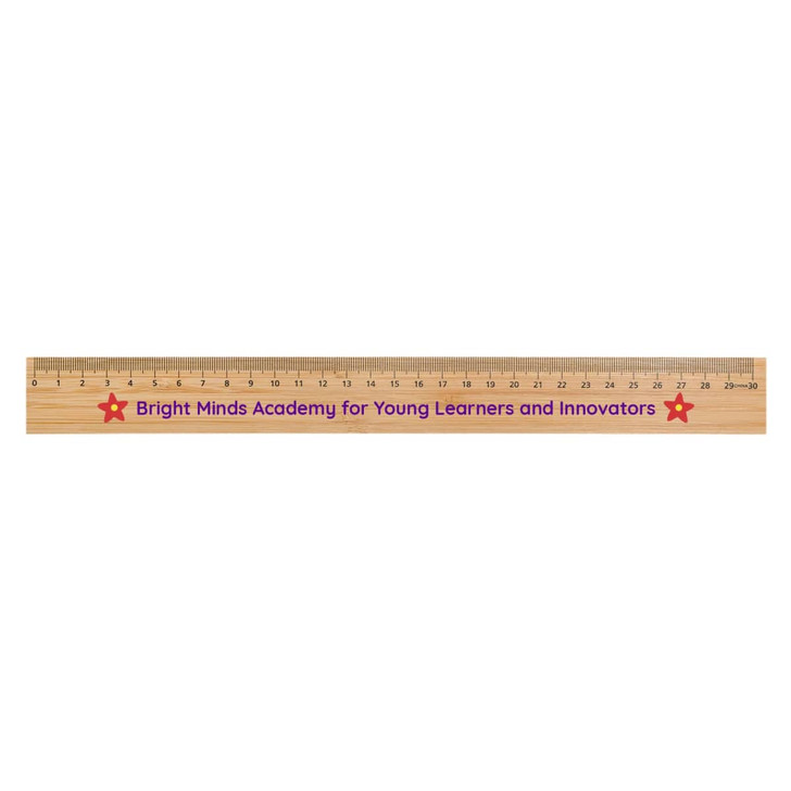 A bamboo 30cm ruler featuring a logo and red star accents. Wood finish with measurement markings in black.