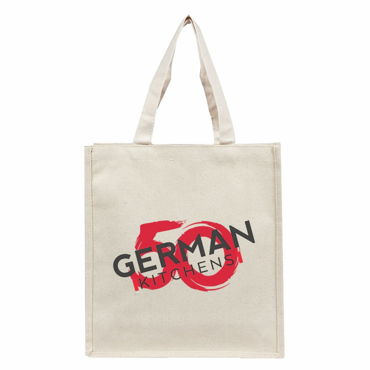 A beige tote bag featuring a logo with red and black text. It has two sturdy handles for easy carrying.