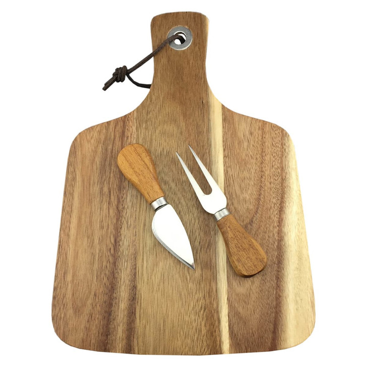 A wooden cheeseboard with a smooth finish, accompanied by a cheese knife and a fork, both with wooden handles.