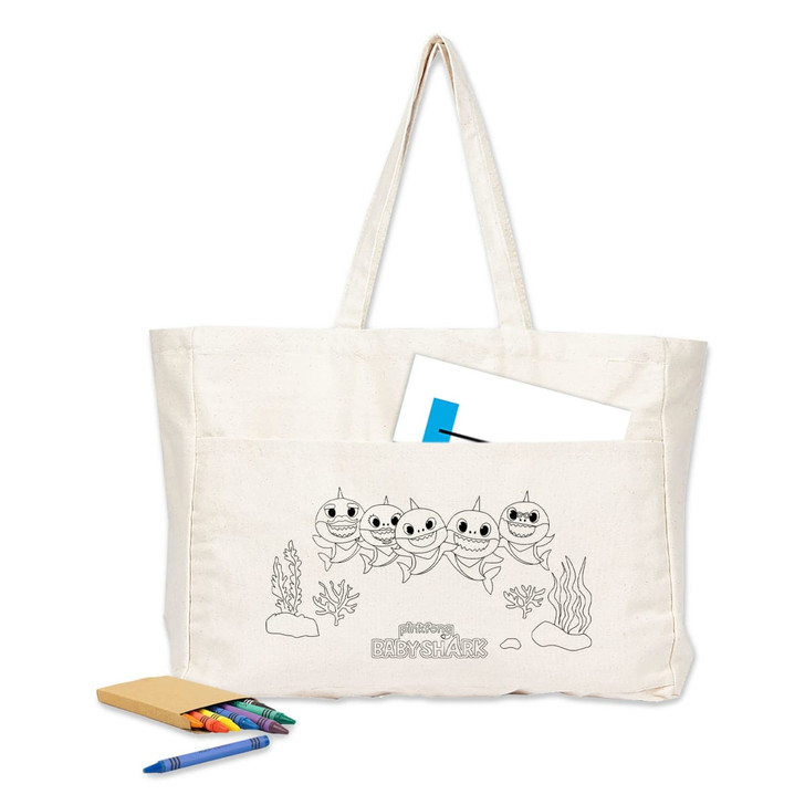 A large cream tote bag featuring a playful illustration with four cartoonish fish and a front pocket.