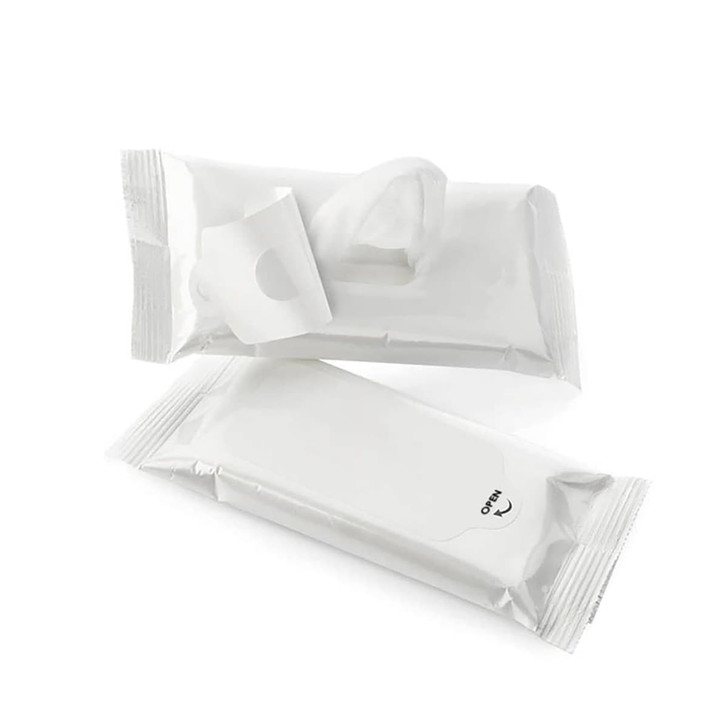 A pack of white anti-bacterial wet wipes, featuring an opening tab, with an additional unopened pack beside it.