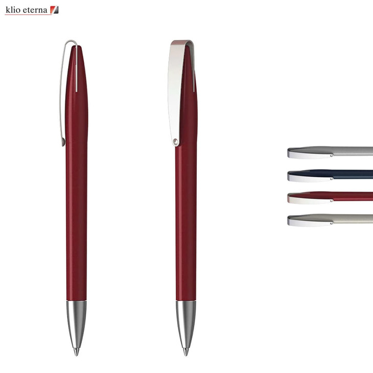 A red plastic pen with a silver clip and nib, accompanied by four other pens in various colours. It has a logo.