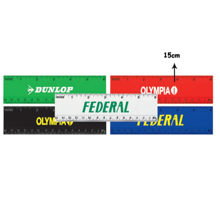 A 15cm ruler set includes green, red, black, and blue rulers, each with a logo.
