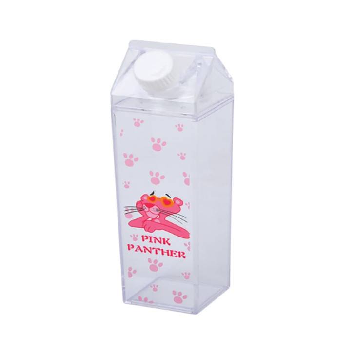 A drink bottle in a clear design with a pink cartoon character and paw prints, featuring a white screw cap.