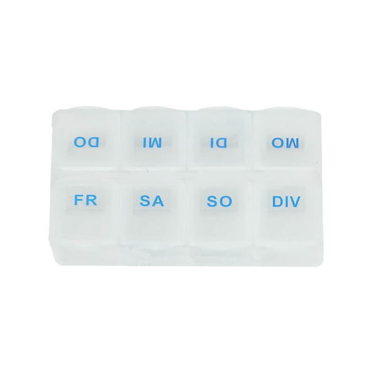 A white pill box with blue lettering, featuring compartments labelled for each day of the week and a division section.