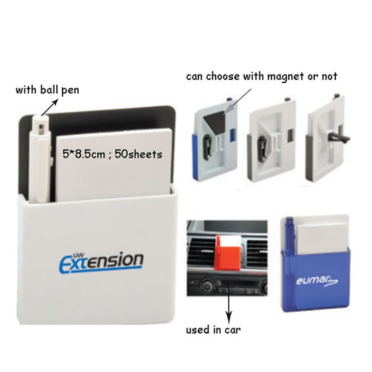 A car memo holder with a ball pen, featuring a white body and options for magnetic or non-magnetic backing.