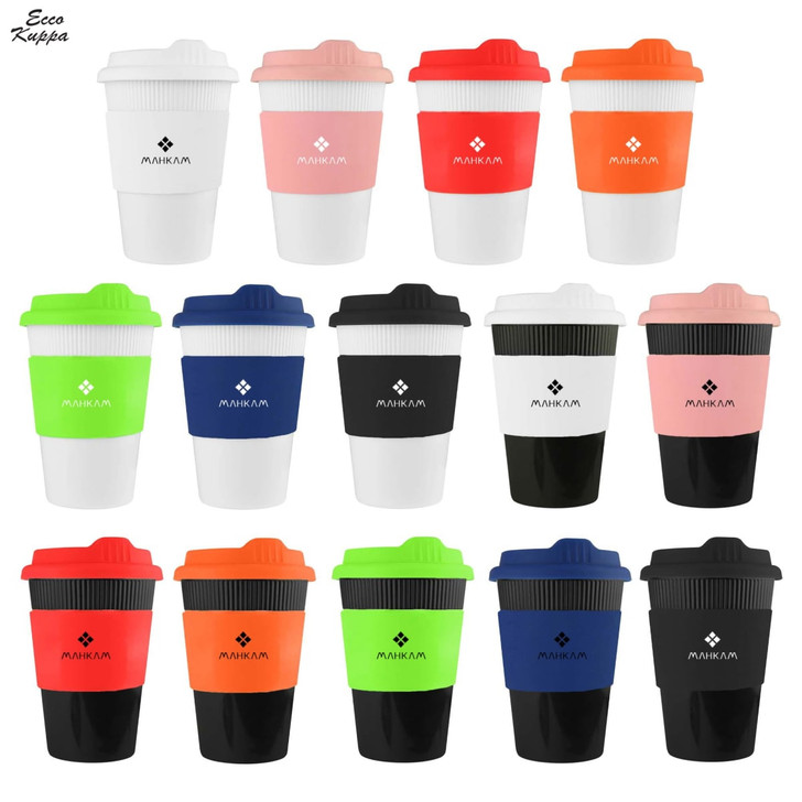 A collection of reusable coffee cups in various colours, featuring different lid styles and a logo on each cup.