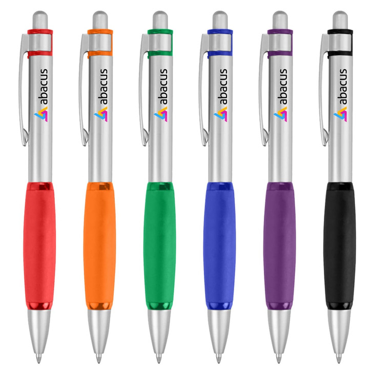 A collection of six metal pens in red, orange, green, blue, purple, and black with silver accents and a logo.